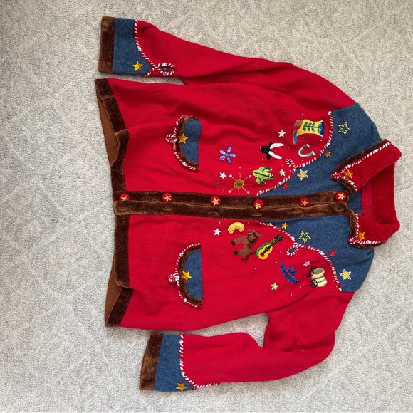 berek Jackets & Blazers - Red Western-Themed Cardigan with Embroidered Details